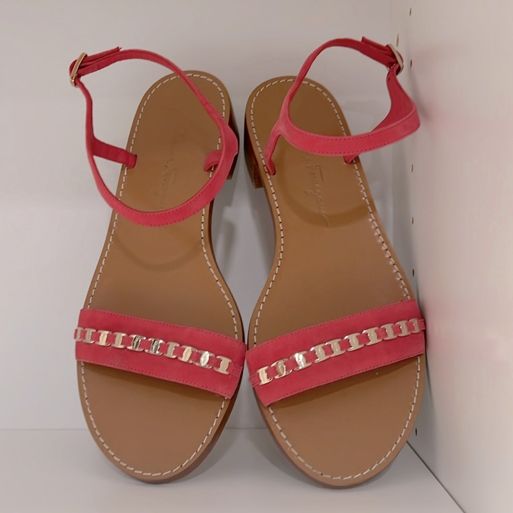 Salvatore Ferragamo Pink Leather Chain-Accent Ankle Strap Sandals